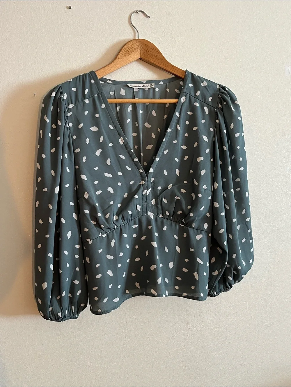 Abercrombie & Fitch Slate Green Polka Dot V-Neck Blouse